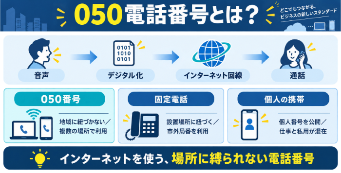 050電話番号の仕組みと固定電話・個人の携帯電話との違いを示した図