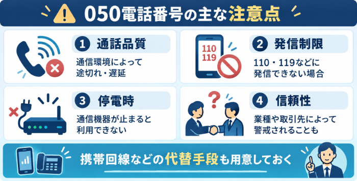 050電話番号の通話品質・発信制限・停電時・信頼性に関する注意点