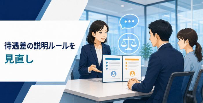 従業員に待遇説明などのルール見直し説明をしているイメージ
