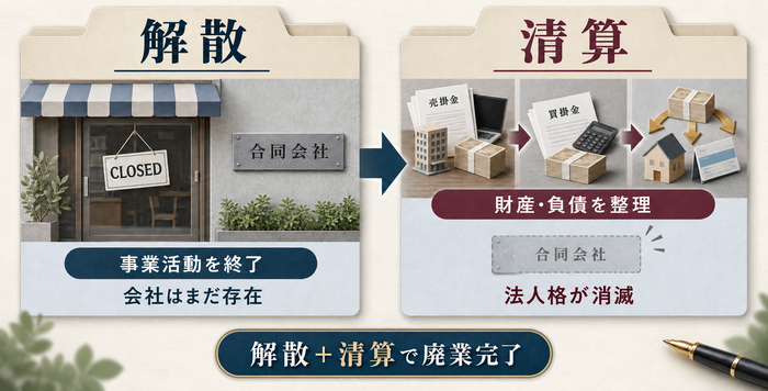 合同会社の解散と清算の違いを比較した図