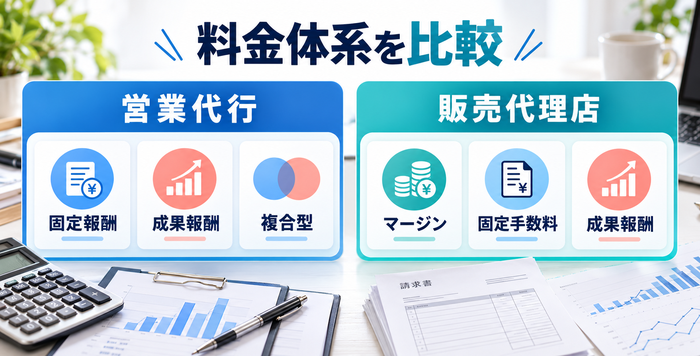 営業代行と販売代理店の料金体系を比較した図