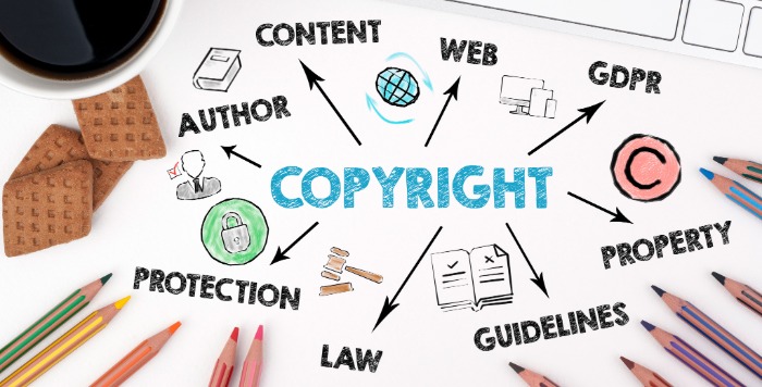 「COPYRIGHT」を中心に、「AUTHOR」「CONTENT」「WEB」「PROPERTY」「GUIDELINES」「LAW」などの言葉とアイコンが書かれた図。制作物の著作権・利用範囲・権利保護を確認するイメージ