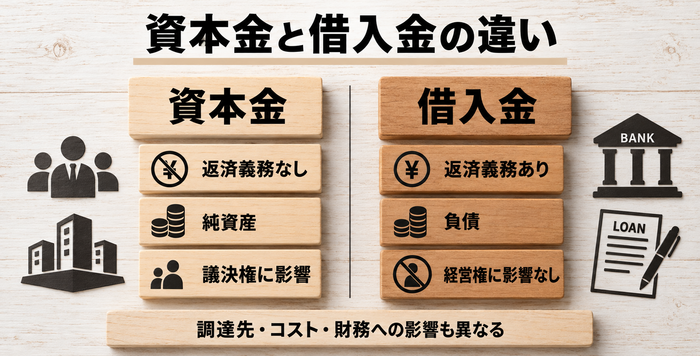 資本金と借入金の返済義務・貸借対照表上の区分・経営権への影響の違い
