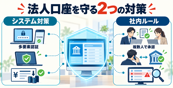 多要素認証などのシステム対策と複数人承認などの社内ルール