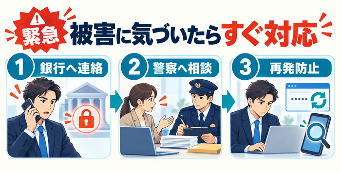 法人口座の不正送金発覚後に銀行への連絡・警察への相談・再発防止を行う流れ