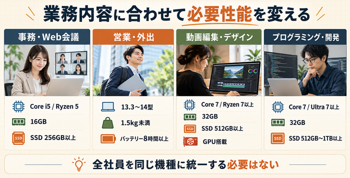 事務・営業・動画編集・システム開発の業務別に比較した法人PCの推奨スペック
