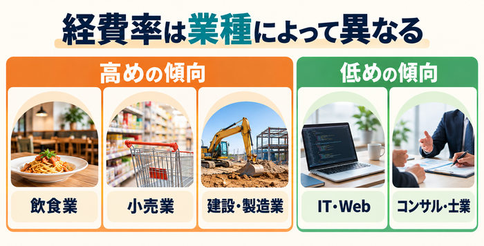 飲食・小売・建設製造業とIT・コンサル業の経費率の傾向