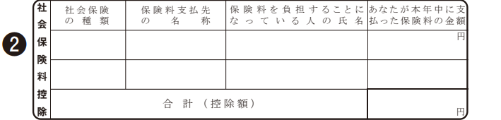 令和8年分の保険料控除申告書の記入例。社会保険の種類、保険料の支払先、負担した人の氏名、支払額を記入する欄を示している