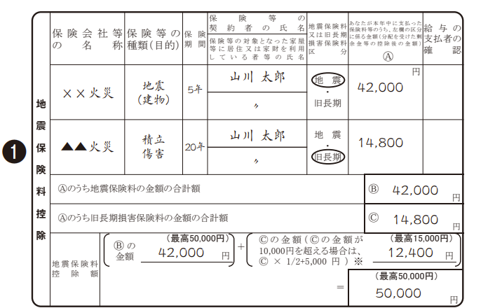令和8年分の保険料控除申告書の記入例。地震保険料と旧長期損害保険料の支払額や控除額を記入する欄を示している