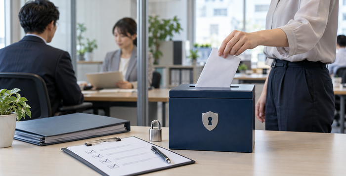 社内の内部通報窓口へ匿名の通報書類を提出する従業員